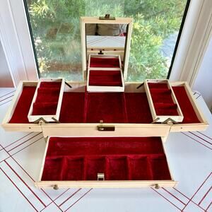 Large Vintage 1960s Cantilever Jewelry Box Red Velvet Mirror Ivory Vanity